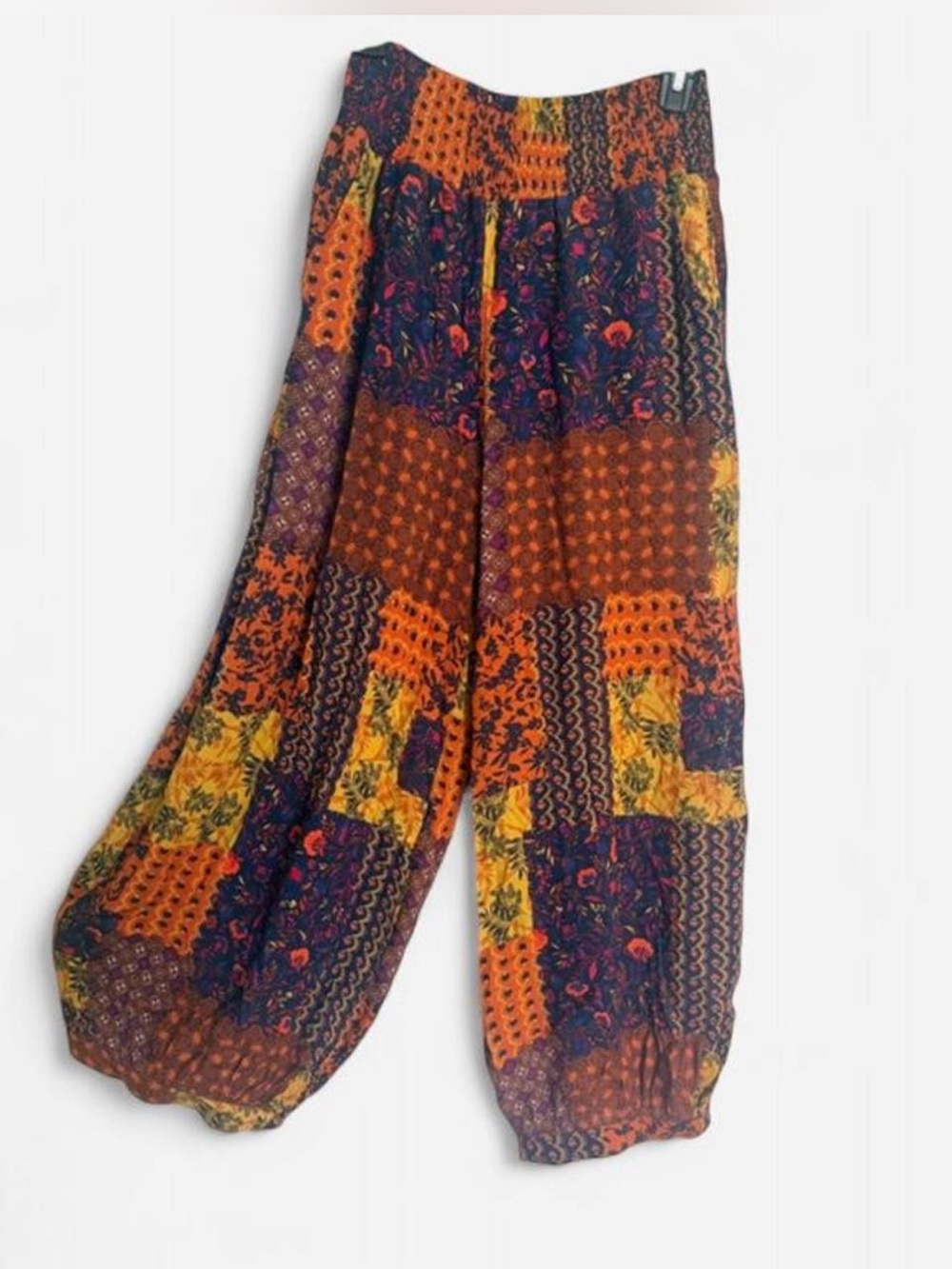 Easel Patchwork Wide-Leg Harem Pants - Orange, Navy & Yellow